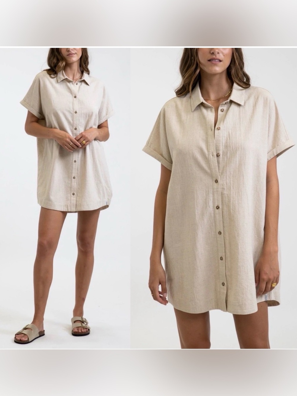 Rhythm Classic Linen Shirt Dress in Sand size Small